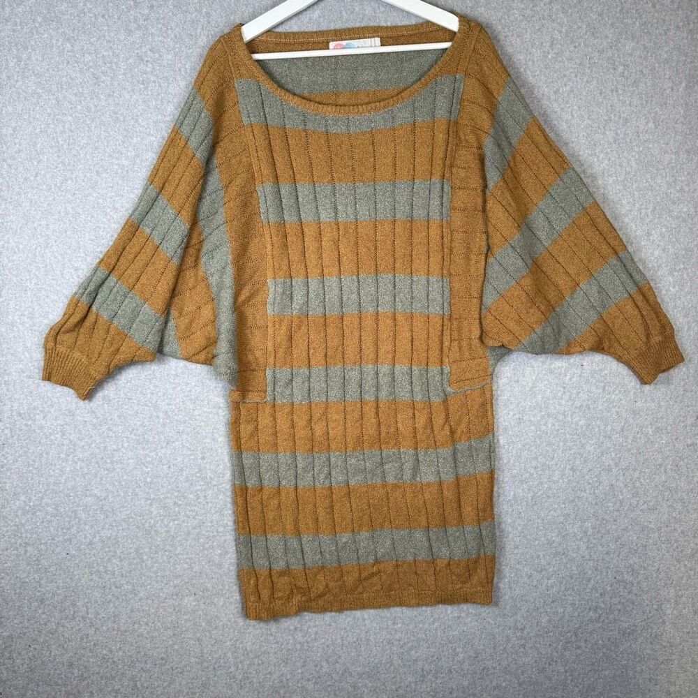 Free People Beach Women Small Dolman Sleeve Mini Sweater Dress Gray Brown Stripe
